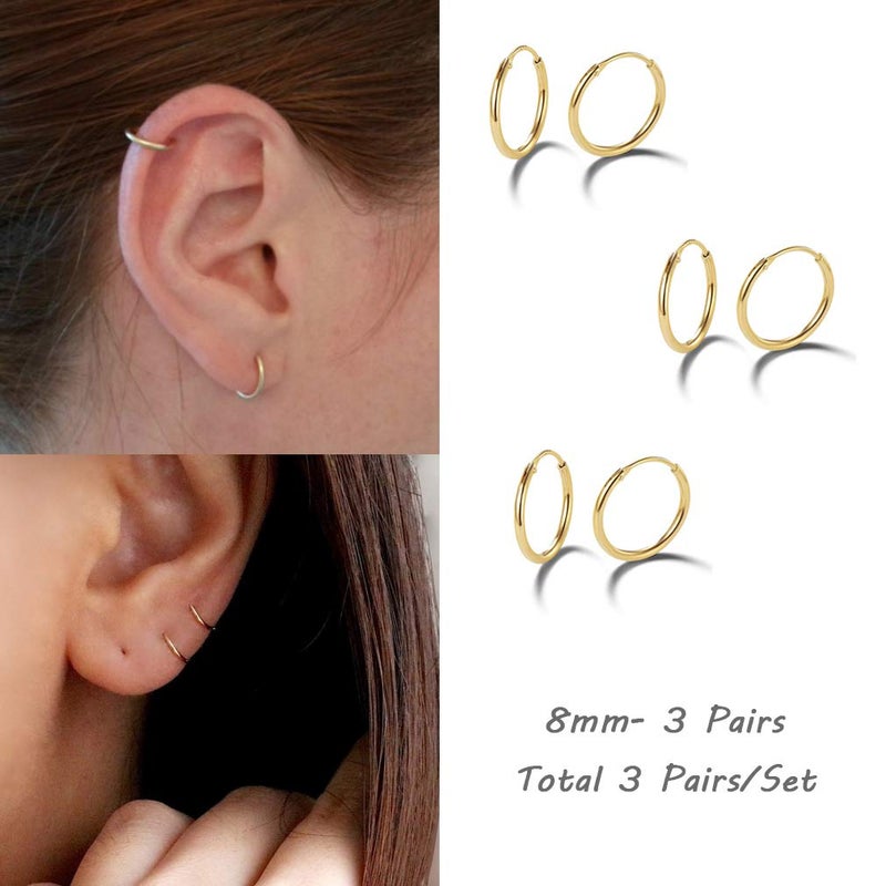 EPIRORA Sterling Silver Hoop Earrings for Women Men, Hypoallergenic Cartilage Earring Endless Small Hoop Earrings Set, 3 Pairs Tragus Earrings (Gold,8mmx3) - Image 2
